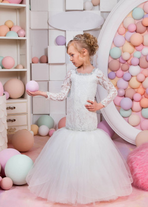 Mermaid Ivory Lace Tulle Floor Length Beaded Flower Girl Dress